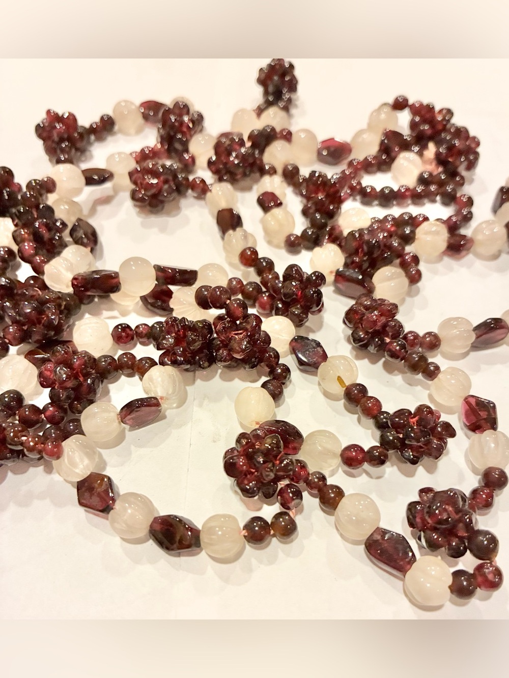 Vintage Garnet Rose Quartz Cluster Necklace Sz 50” Strand Flapper Design